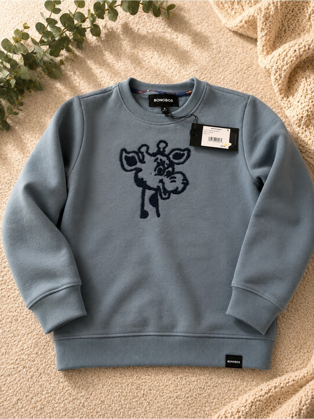 Bonobos Dusty Blue Kids Crewneck Sweater with Navy Giraffe